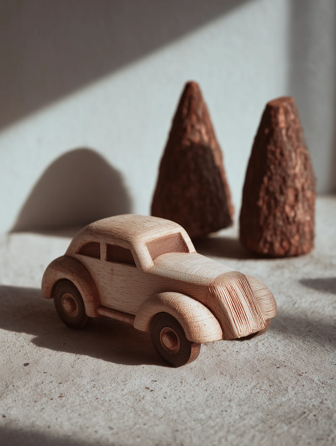 A child playing joyfully with a handmade wooden toy, depicting warmth and imagination.